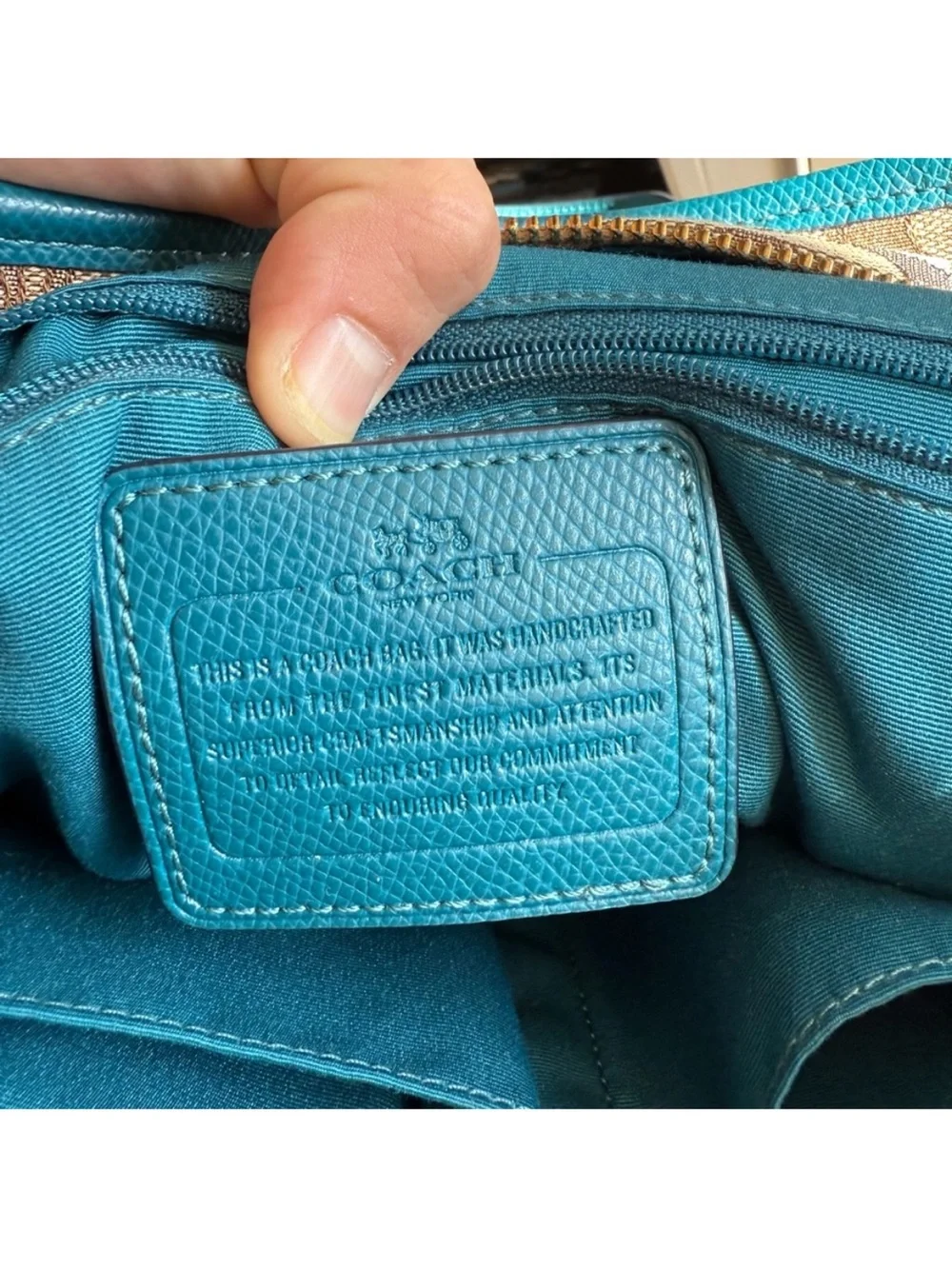 Coach F55364 Khaki and Teal Blue Outline Signature Canvas Zip Tote